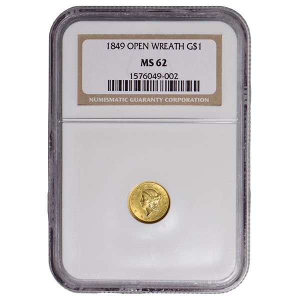 1849 $1 Open Wreath Gold Coin NGC MS62