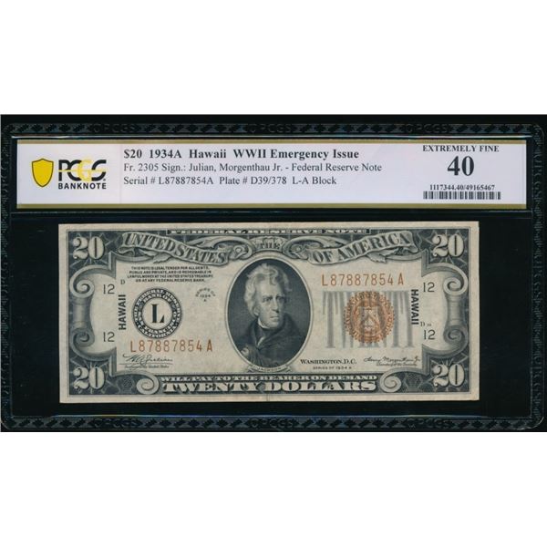 1934A $20 Hawaii FRN PCGS 40