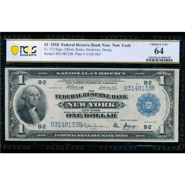 1918 $1 New York FRBN PCGS 64
