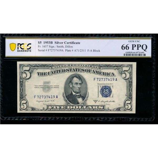 1953B $5 Silver Certificate PCGS 66PPQ