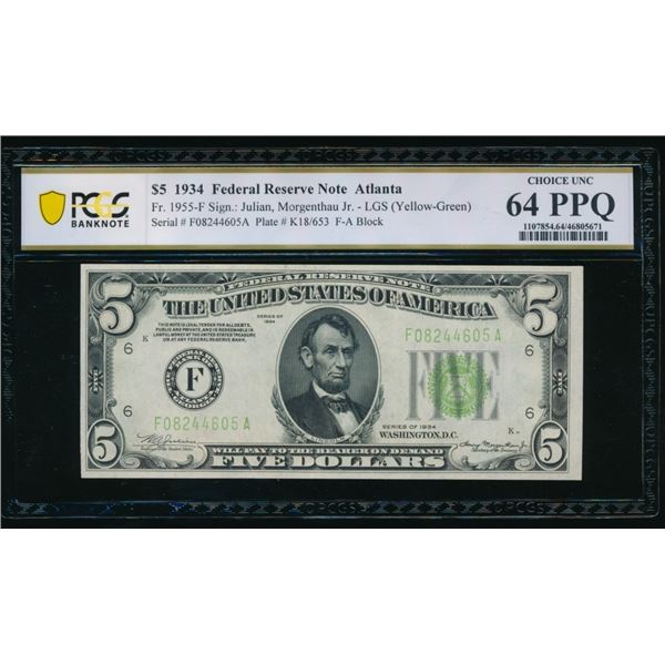 1934 $5 Atlanta FRN PCGS 64PPQ
