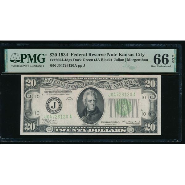 1934 $20 Kansas City FRN PMG 66EPQ