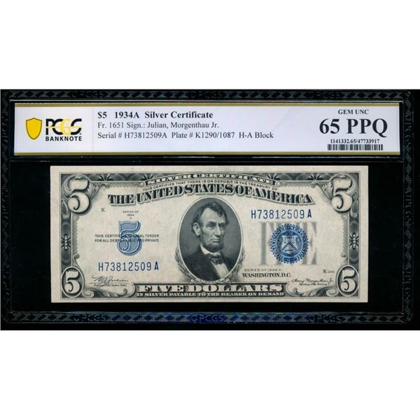 1934A $5 Silver Certificate PCGS 65PPQ