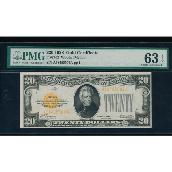 1928 $20 Gold Certificate PMG 63EPQ