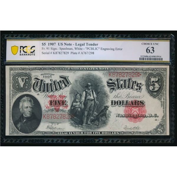 1907 $5 Legal Tender Note PCGS 63