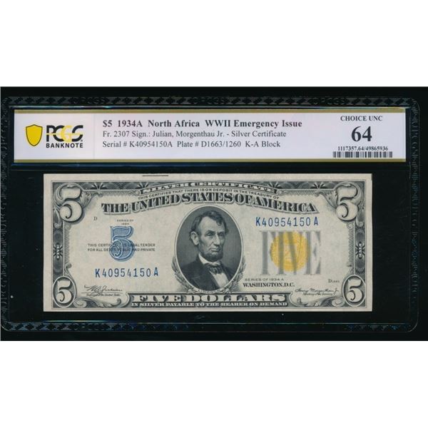 1934A $5 N Africa Silver Certificate PCGS 64