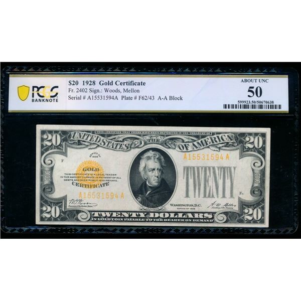 1928 $20 Gold Certificate PCGS 50