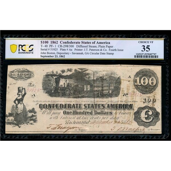 1862 $100 T-40 Confederate PCGS 35
