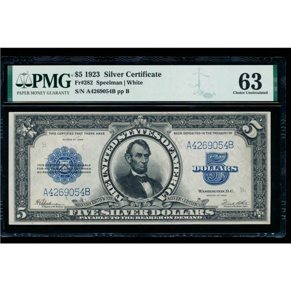 1923 $5 Lincoln Porthole Silver Certificate PMG 63