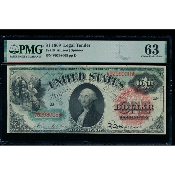 1869 $1 Rainbow Legal Tender Note PMG 63