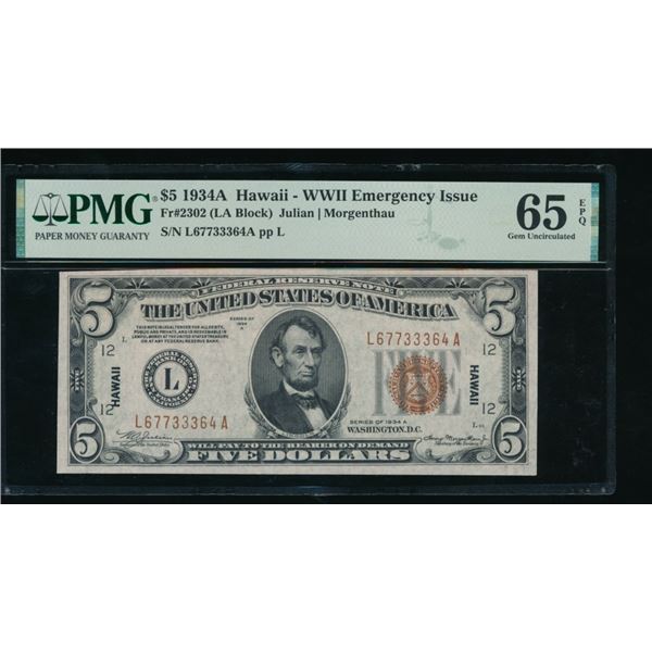 1934A $5 Hawaii FRN PMG 65EPQ