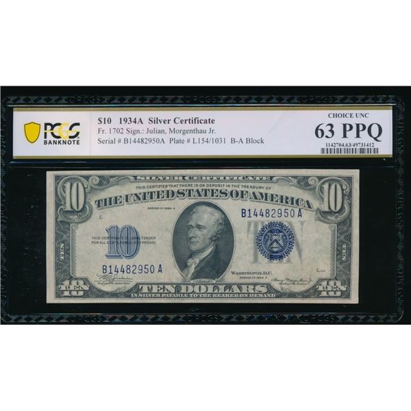 1934A $10 Silver Certificate PCGS 63PPQ
