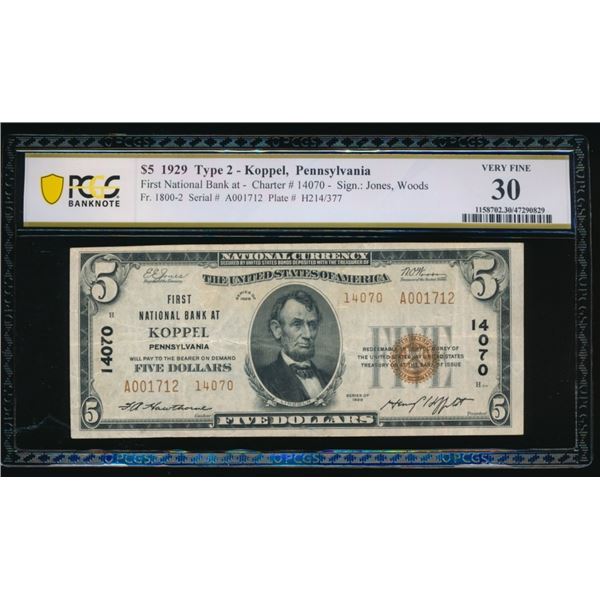 1929 $5 Koppel PA National PCGS 30
