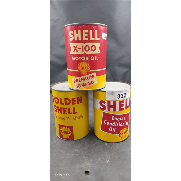 3 Vintage Shell motor oil U.S. quarts, 2 empty 1 full