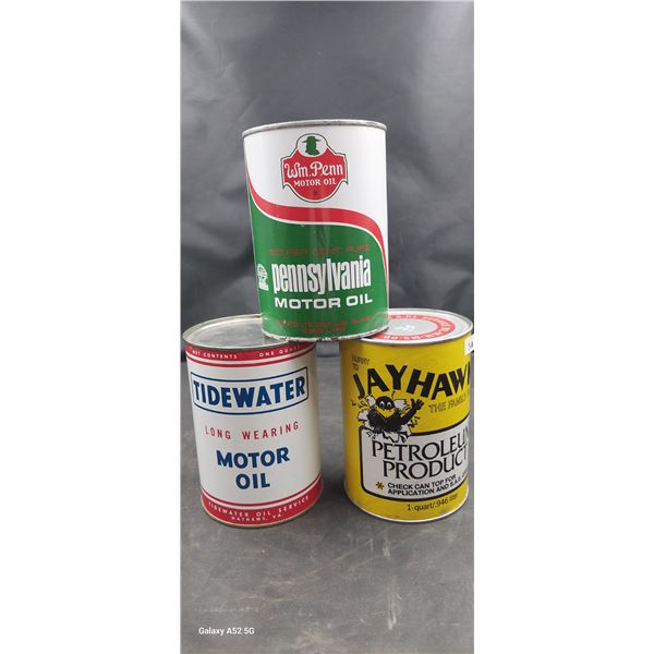 3 Vintage WM. Penn, tide water and Jayhawks U.S. oil quarts, Jayhawks is composite and full