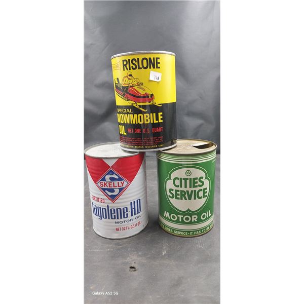 Very Nice condition vintage Rislone snow mobile oil and city service U.S. Quarts, 2 empty 1 full