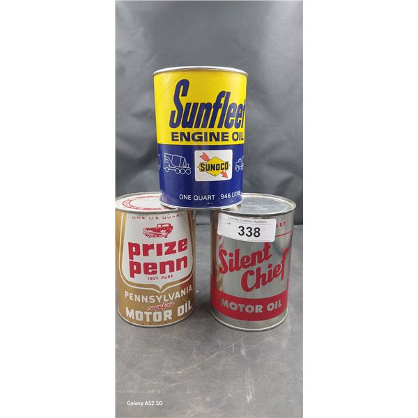3 Very nice condition prize Penn silent chief and Sunoco oil quarts, 1 full 2 empty