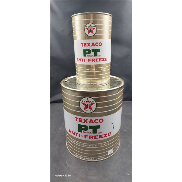 2 Very nice condition Texaco PT anti freeze quart and gallon cans both empty