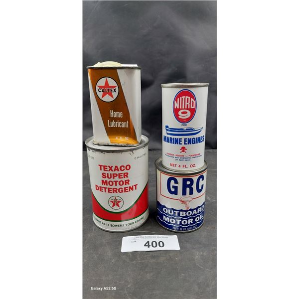 Collection of 4 vintage tins with GRC outboard oil, Caltex home lubricant, green engine oil and Texa