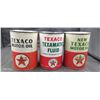 Image 1 : 3 Nice condition vintage Texaco motor oil and ATF U.S. quarts, 1 full 2 empty