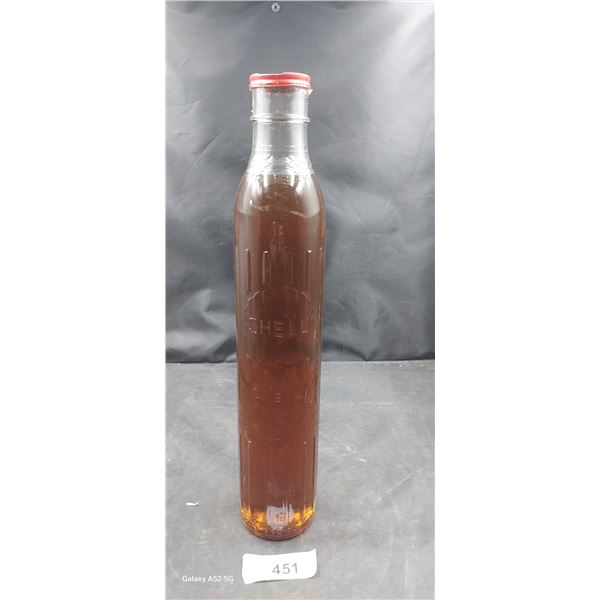Vintage Shell motor oil embossed oil bottle with original cap 15" tall