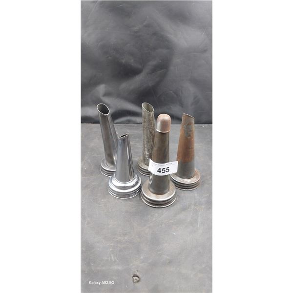 Colletion of 5 vintage oil bottle spouts 6" tall