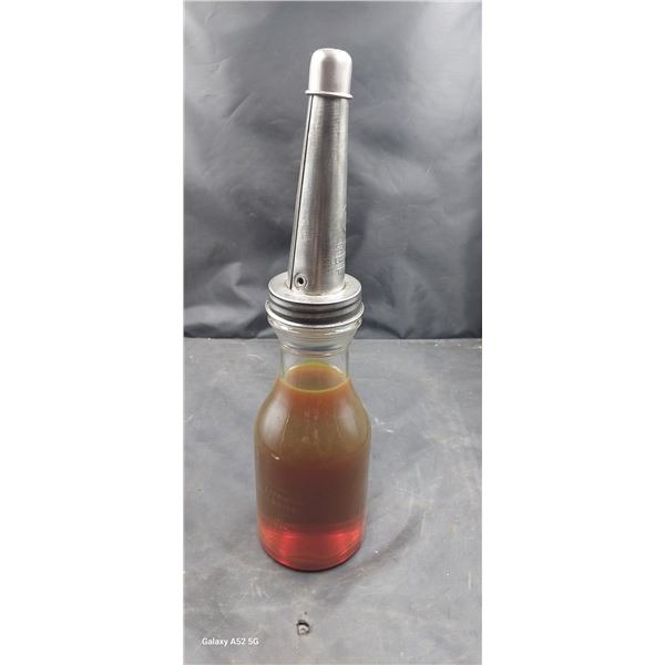 Vintage thumbprint bottle, glass oil quart with amazing Mobile oil emossed metal spout 15" tall