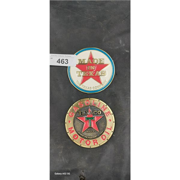 2 Brass Texaco and made in Texas desk top paper weights, 4" di