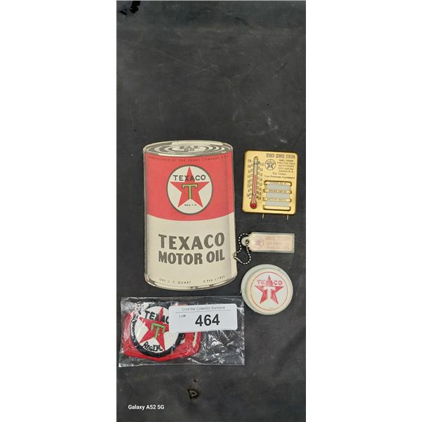 8 Pieces of vintage Texaco collectibles, patches, keychains and mini thermometer