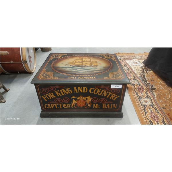 Amazing graphics! The ship motif painted wood trunk 12"x22"x18"