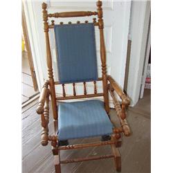 Solid Oak, turned wood, blue seat rocker