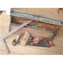 Primitive wood tool box w/old tools