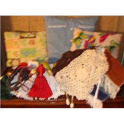 Curtain tassels, pillows & vintage purses