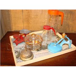 Vintage glass top tray w/kitchen items
