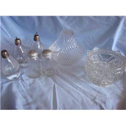 Crystal bowl, basket and 5 shakers