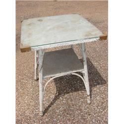 White wicker lamp table with glass top