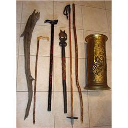 5 Walking sticks, canes, old ski pole