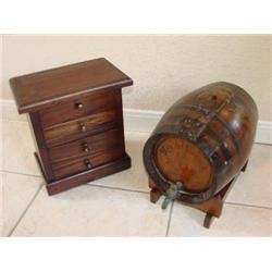 Small wood table top chest, & wood barrel