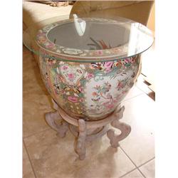 Chinese Pot with glass table top, wood stand