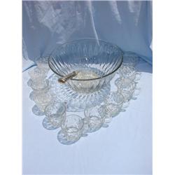 Pressed glass punch bowl, 11 cups, 1 ladle