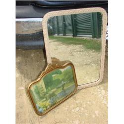 Ornate wood framed mirror and picture