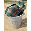 Image 1 : Trash can w/lid, full of rugs,chimes,rod & reel