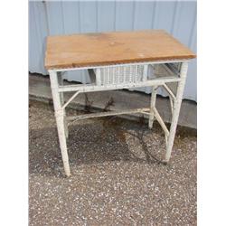 White wicker writing desk with wood top