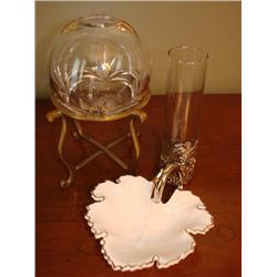 2 Crystal Vases & Silver Leaf Nappy