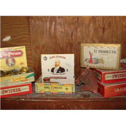 Cigarboxes w/old doorknobs, plaster horse head