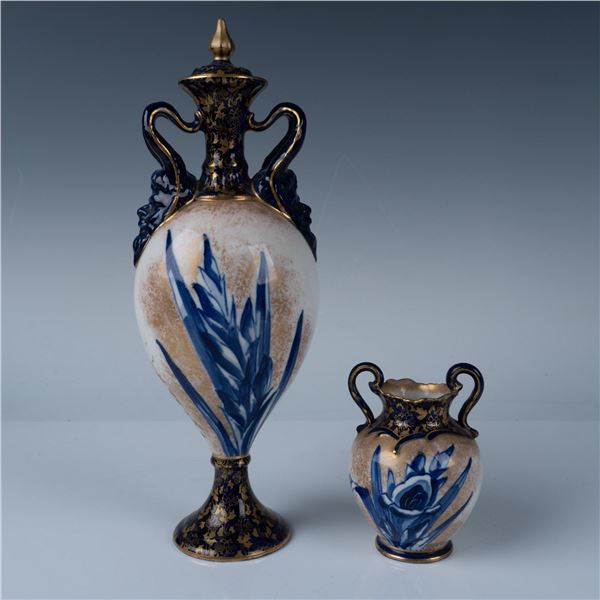 2pc Royal Doulton Porcelain Vase + Vessel, Blue Iris