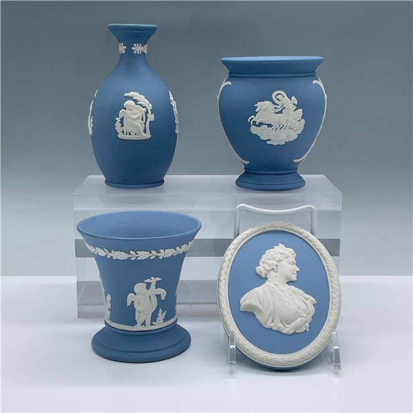 4pc Wedgwood Blue Jasperware Vessels and Plaque