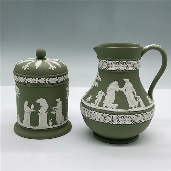 2pc Wedgwood Sage Green Jasperware Lidded Tabacco Jar & Jug