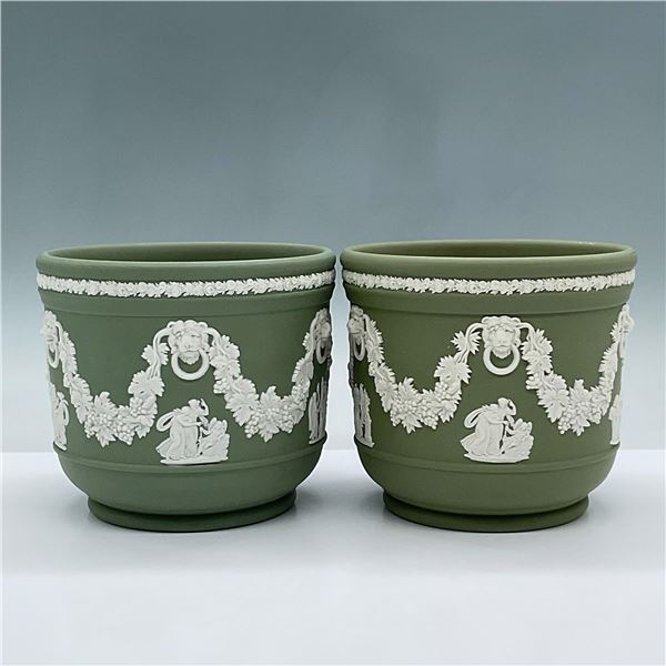 2pc Wedgwood Sage Green Jasperware Jardinieres