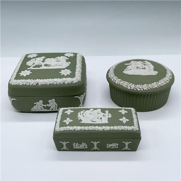 3pc Wedgwood Sage Green Jasperware Lidded Boxes